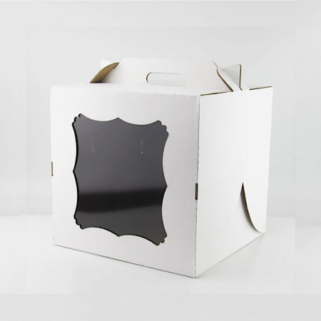 Коробка ручками и окном для торта 22*22*20 см Белая | упаковка 5-25 шт